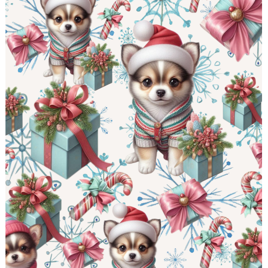 Weihnachten French Terry Sommersweat Chihuahua Schneeflocken Geschenke Rosa Mint  –240 g/m –145cm Eigenproduktion