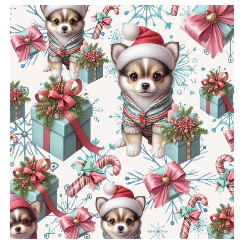 Weihnachten French Terry Sommersweat Chihuahua Schneeflocken Geschenke Rosa Mint  –240 g/m –145cm Eigenproduktion