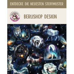 Softshell Stoff mit Wölfen, mystischem Nachtwald, Mond und Berglandschaft in Blau-Schwarz