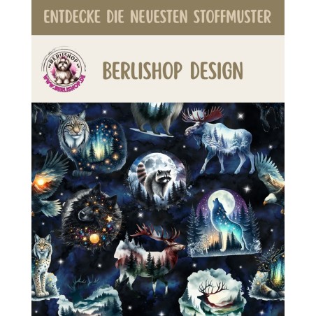 Softshell Stoff mit Wölfen, mystischem Nachtwald, Mond und Berglandschaft in Blau-Schwarz