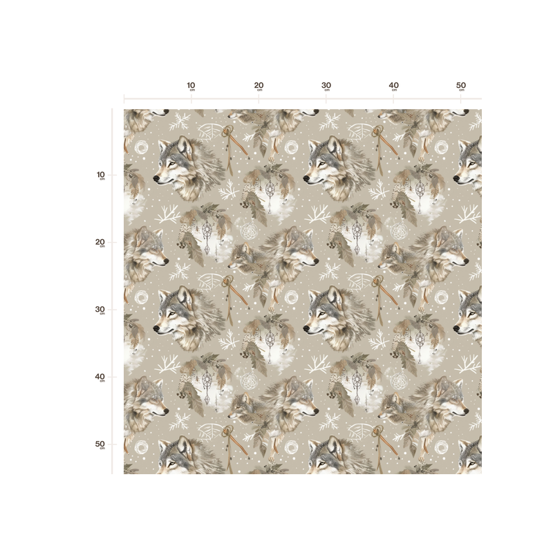 Softshell Stoff Wölfe Winterwald Beige – Wolf Schnee Sterne Natur –320 g/m² - 145 cm Meterware Eigenproduktion