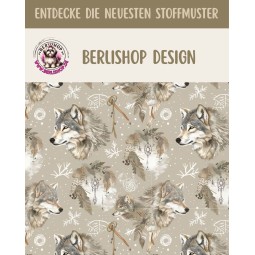Softshell Stoff mit Wölfen im winterlichen Wald, Schneeflocken und Sternen in Beige, Creme und Grau