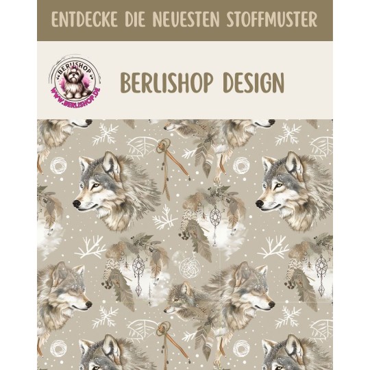 Softshell Stoff mit Wölfen im winterlichen Wald, Schneeflocken und Sternen in Beige, Creme und Grau