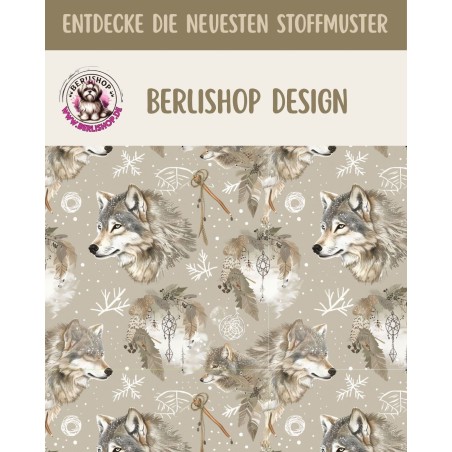 Softshell Stoff mit Wölfen im winterlichen Wald, Schneeflocken und Sternen in Beige, Creme und Grau