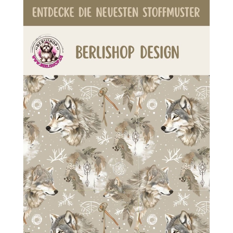 Softshell Stoff mit Wölfen im winterlichen Wald, Schneeflocken und Sternen in Beige, Creme und Grau