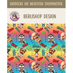 Softshell Stoff im bunten Comic- und Pop-Art-Stil mit Sprechblasen, Sternen und grafischen Retro-Elementen hunde