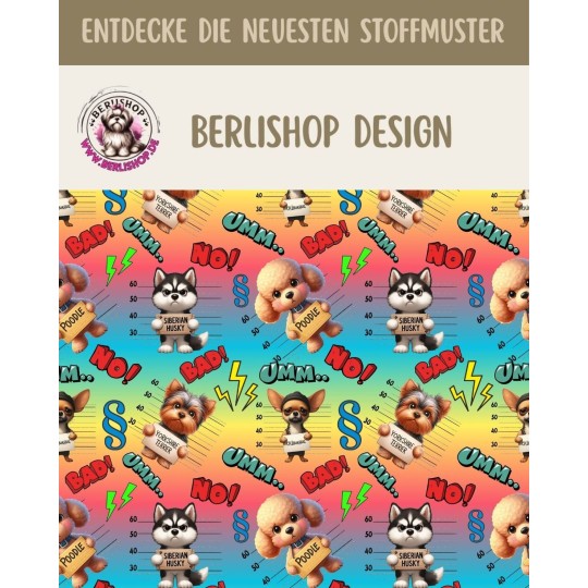 Softshell Stoff im bunten Comic- und Pop-Art-Stil mit Sprechblasen, Sternen und grafischen Retro-Elementen hunde