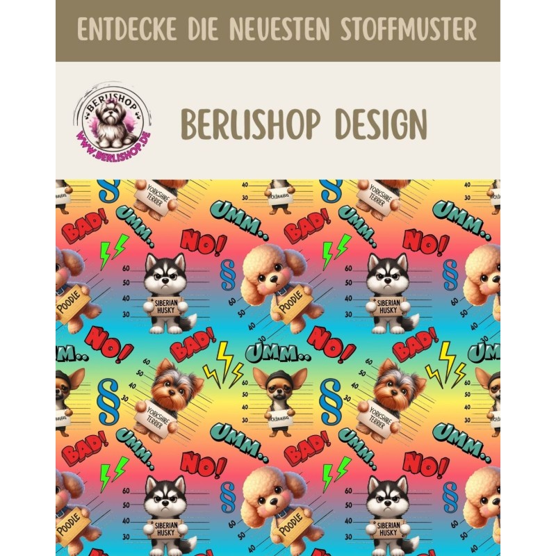 Softshell Stoff im bunten Comic- und Pop-Art-Stil mit Sprechblasen, Sternen und grafischen Retro-Elementen hunde