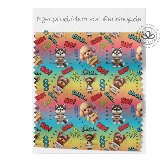 Softshell Stoff Hunde Comic Pop Art Bunt – Sprechblasen Wow Regenbogen  Retro–320 g/m² - 145 cm Meterware Eigenproduktion