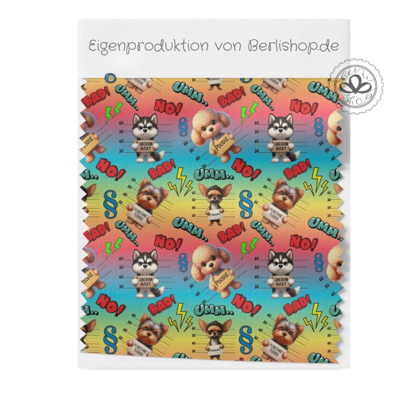 Softshell Stoff Hunde Comic Pop Art Bunt – Sprechblasen Wow Regenbogen  Retro–320 g/m² - 145 cm Meterware Eigenproduktion