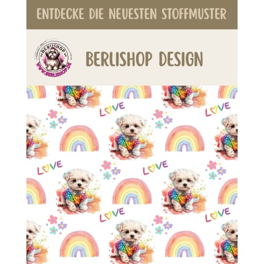 Softshell Stoff mit kleinen Hunden, Regenbogen, Love-Schriftzug und bunten Blumen auf weißem Hintergrund