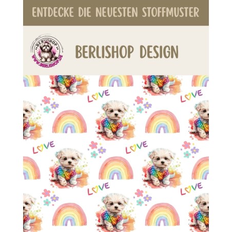 Softshell Stoff mit kleinen Hunden, Regenbogen, Love-Schriftzug und bunten Blumen auf weißem Hintergrund