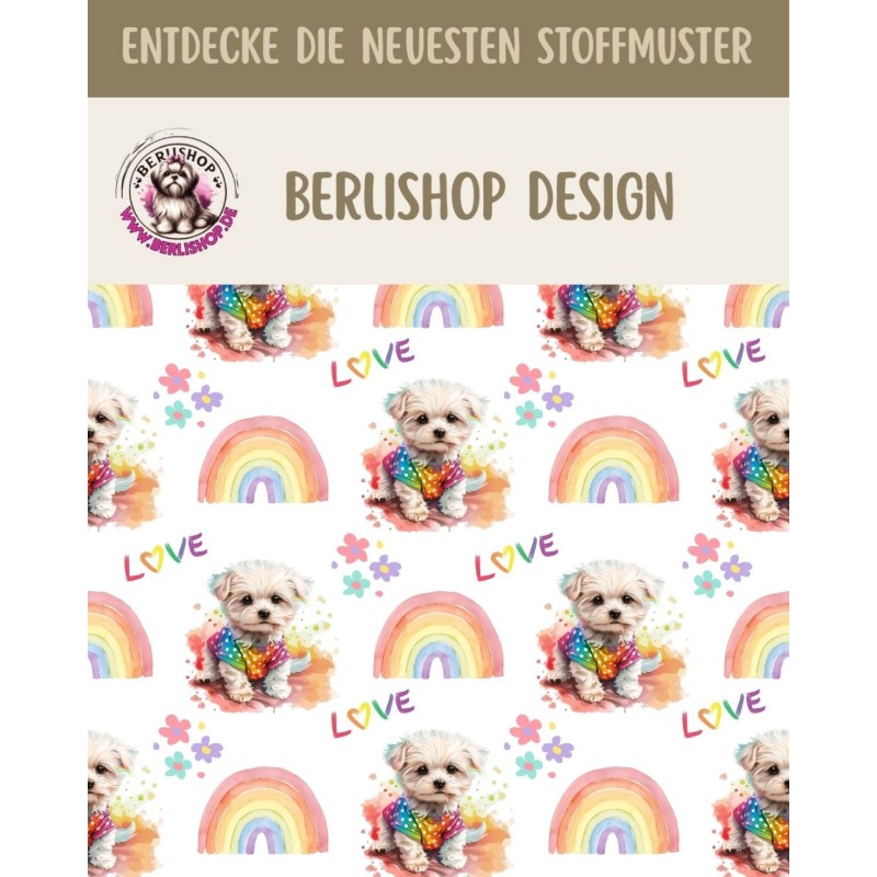 Softshell Stoff mit kleinen Hunden, Regenbogen, Love-Schriftzug und bunten Blumen auf weißem Hintergrund