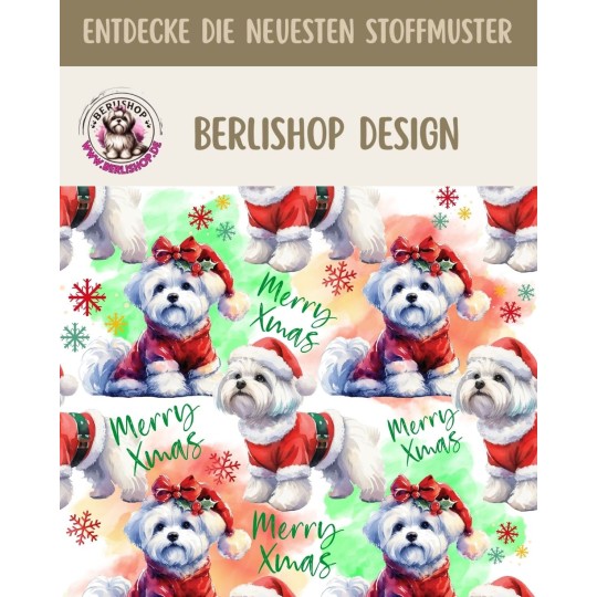 Softshell Stoff mit süßen Malteser-Hunden im weihnachtlichen X-Mas Kawaii-Stil in bunten Farben