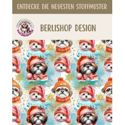 Softshell Stoff mit Shih Tzu Hunden im weihnachtlichen Kawaii-Stil in Orange, Türkis und winterlichen Details
