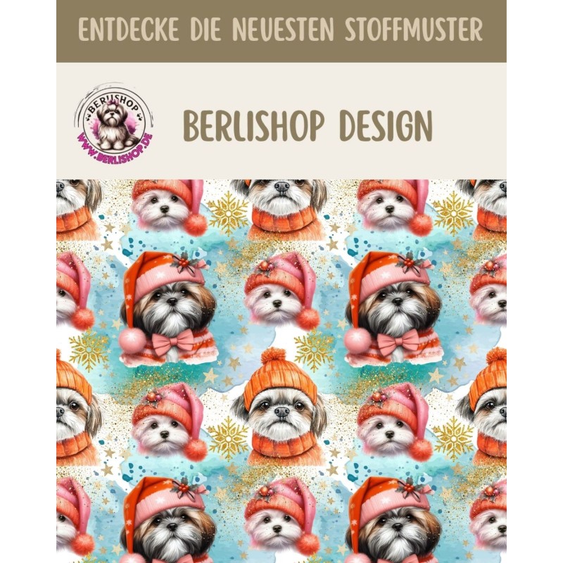 Softshell Stoff mit Shih Tzu Hunden im weihnachtlichen Kawaii-Stil in Orange, Türkis und winterlichen Details