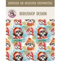 Softshell Stoff mit Shih Tzu Hunden im weihnachtlichen Kawaii-Stil in Orange, Türkis und winterlichen Details