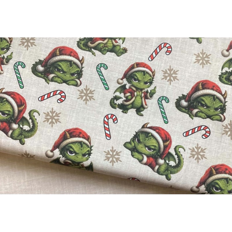 Weihnachten French Terry Sommersweat Drachen Zuckerstangen Schneeflocken Grün Rot – 240 g/m² – 145 cm – Eigenproduktion
