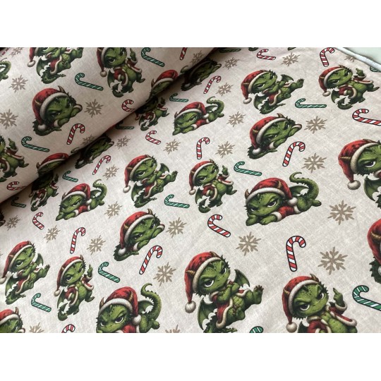 Weihnachten French Terry Sommersweat Drachen Zuckerstangen Schneeflocken Grün Rot – 240 g/m² – 145 cm – Eigenproduktion