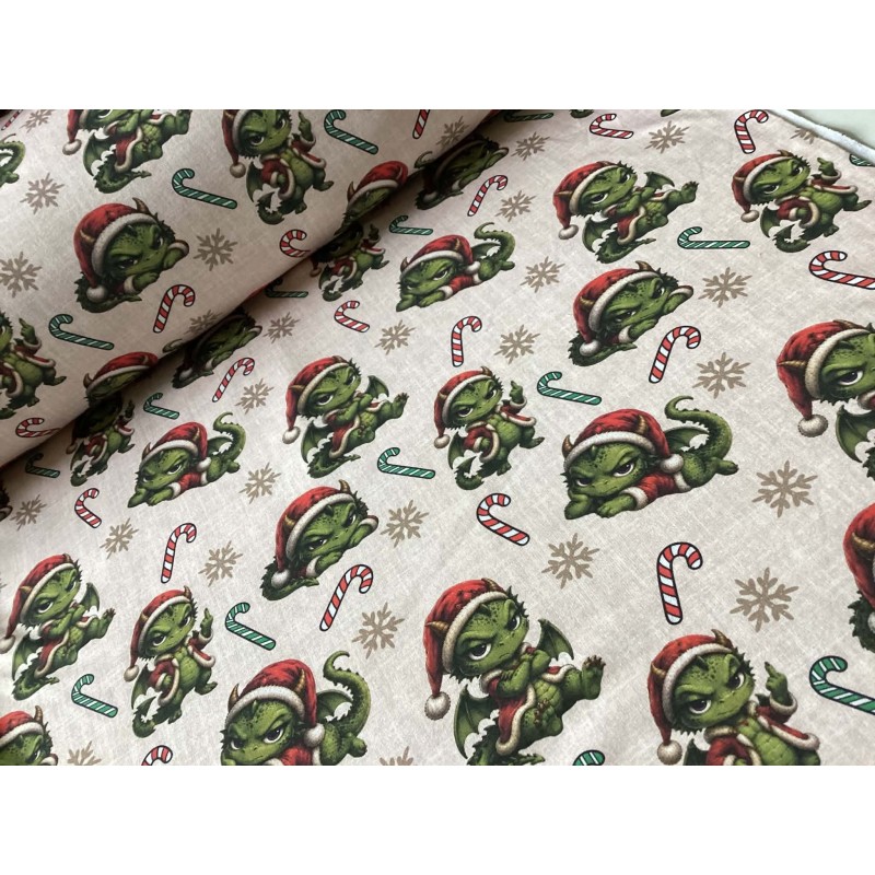 Weihnachten French Terry Sommersweat Drachen Zuckerstangen Schneeflocken Grün Rot – 240 g/m² – 145 cm – Eigenproduktion