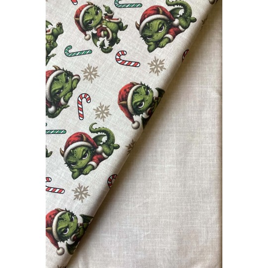 Weihnachten French Terry Sommersweat Drachen Zuckerstangen Schneeflocken Grün Rot – 240 g/m² – 145 cm – Eigenproduktion