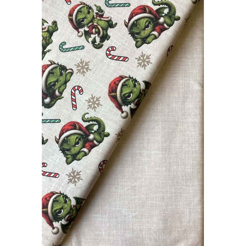 Weihnachten French Terry Sommersweat Drachen Zuckerstangen Schneeflocken Grün Rot – 240 g/m² – 145 cm – Eigenproduktion