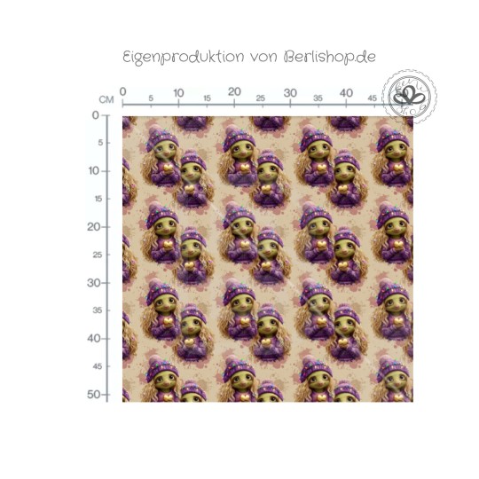 Weihnachten French Terry Sommersweat Weihnachtswichtel Mädchen Herzen Lila Rosa – 240 g/m² – 145 cm – Eigenproduktion