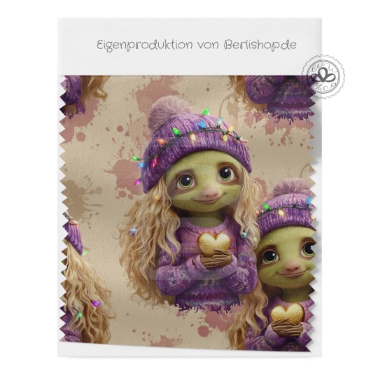 Weihnachten French Terry Sommersweat Weihnachtswichtel Mädchen Herzen Lila Rosa – 240 g/m² – 145 cm – Eigenproduktion