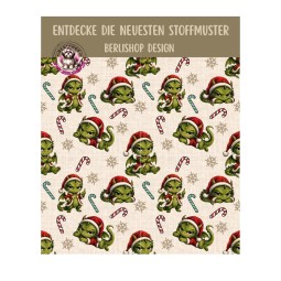 Weihnachten French Terry Sommersweat Drachen Zuckerstangen Schneeflocken Grün Rot – 240 g/m² – 145 cm – Eigenproduktion