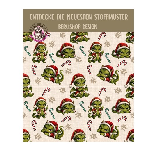 Weihnachten French Terry Sommersweat Drachen Zuckerstangen Schneeflocken Grün Rot – 240 g/m² – 145 cm – Eigenproduktion