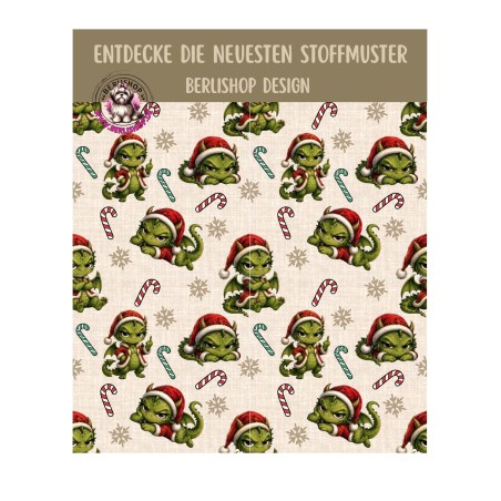 Weihnachten French Terry Sommersweat Drachen Zuckerstangen Schneeflocken Grün Rot – 240 g/m² – 145 cm – Eigenproduktion