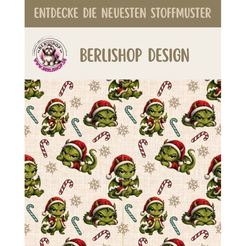 Weihnachten French Terry Sommersweat Drachen Zuckerstangen Schneeflocken Grün Rot – 240 g/m² – 145 cm – Eigenproduktion