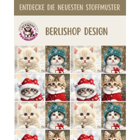 1m Coupon Weihnachten French Terry Katzen Kätzchen Schneeflocken Mützen Rot Türkis – 240 g/m² – 145 cm – Eigenproduktion