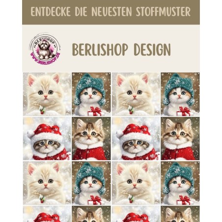 Weihnachten French Terry Sommersweat Katzen Kätzchen Schneeflocken Mützen Rot Türkis – 240 g/m² – 145 cm – Eigenproduktion