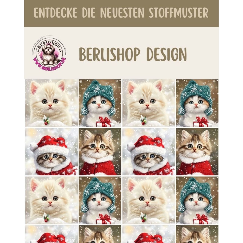 Weihnachten French Terry Sommersweat Katzen Kätzchen Schneeflocken Mützen Rot Türkis – 240 g/m² – 145 cm – Eigenproduktion