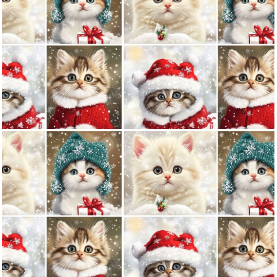 Weihnachten French Terry Sommersweat Katzen Kätzchen Schneeflocken Mützen Rot Türkis – 240 g/m² – 145 cm – Eigenproduktion
