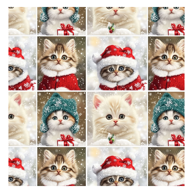 Weihnachten French Terry Sommersweat Katzen Kätzchen Schneeflocken Mützen Rot Türkis – 240 g/m² – 145 cm – Eigenproduktion