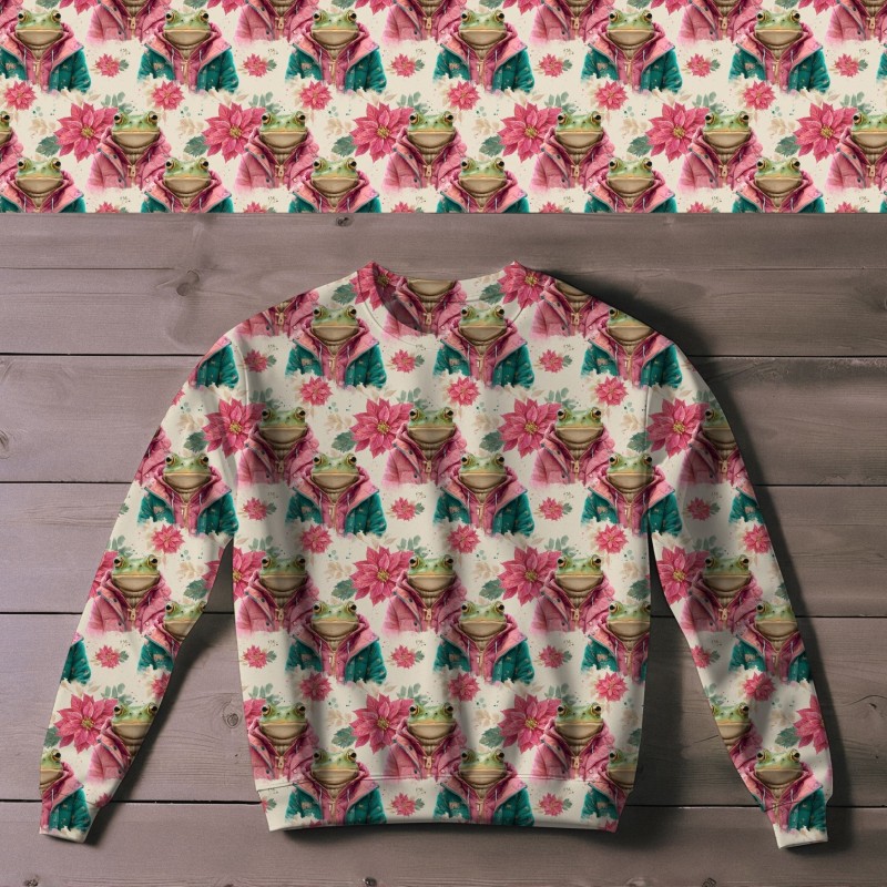 Weihnachten French Terry Sommersweat Frösche Weihnachtssterne Rosa Türkis – 240 g/m² – 145 cm – Eigenproduktion