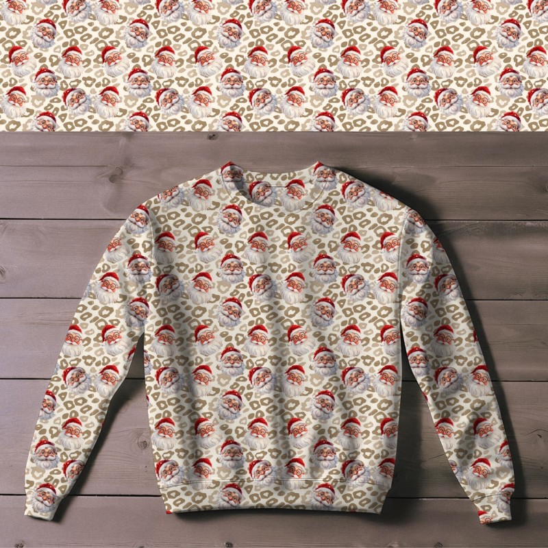 Weihnachten French Terry Sommersweat Weihnachtsmann Leo Muster Beige Rot – 240 g/m² – 145 cm – Eigenproduktion