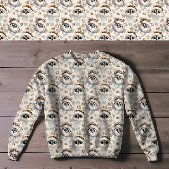 Weihnachten French Terry Sommersweat Pinguin Winter Leo Mütze Beige Hellblau – 240 g/m² – 145 cm – Eigenproduktion