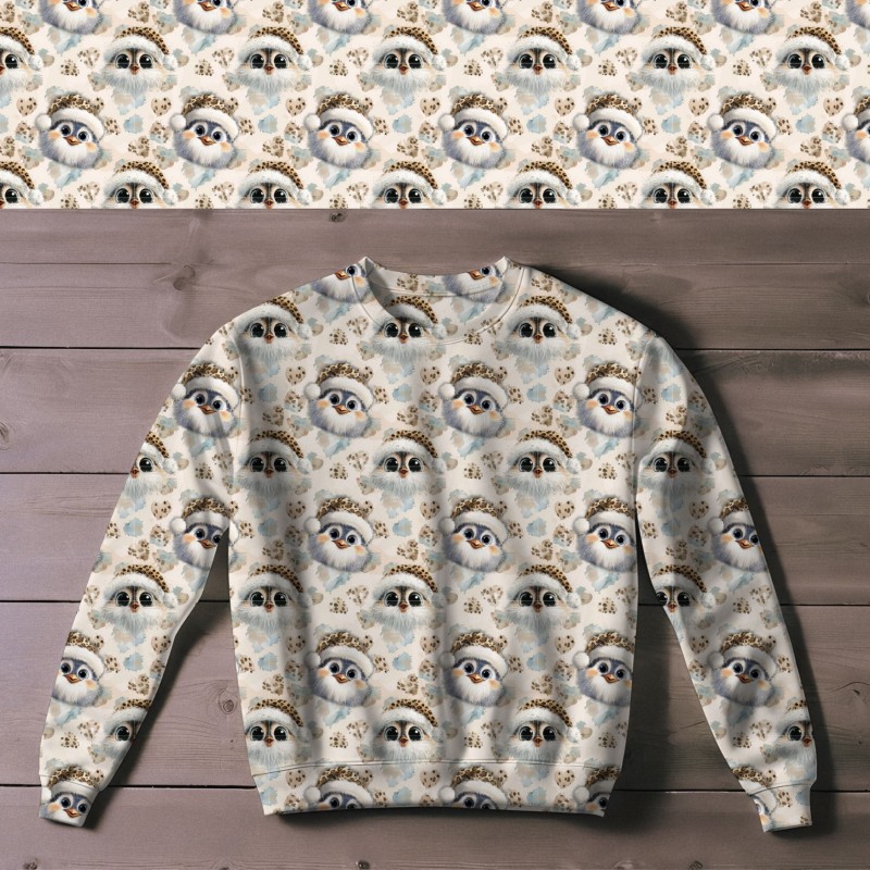 Weihnachten French Terry Sommersweat Pinguin Winter Leo Mütze Beige Hellblau – 240 g/m² – 145 cm – Eigenproduktion