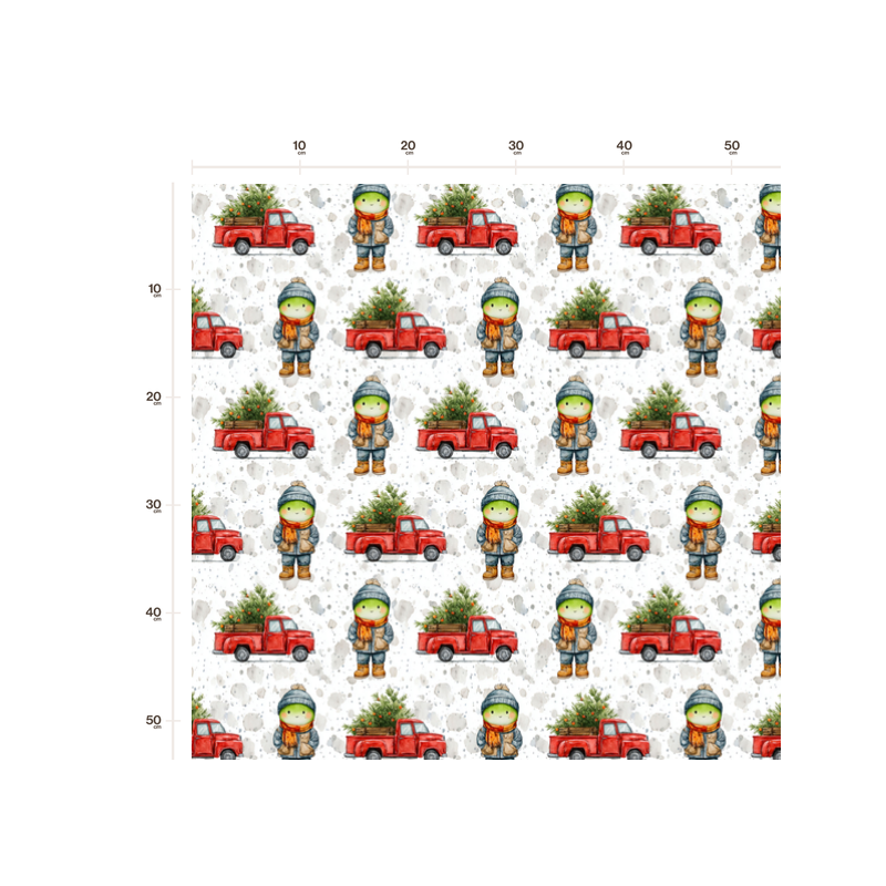 Weihnachten French Terry Sommersweat Dino Pickup Weihnachtsbaum Rot Grün – 240 g/m² – 145 cm – Eigenproduktion