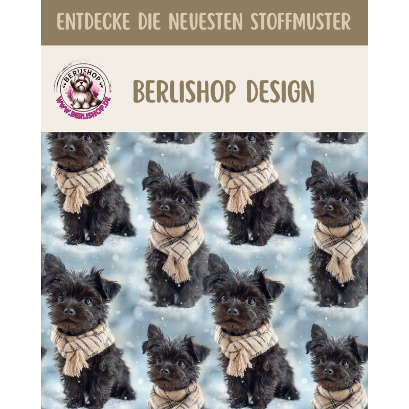 Weihnachten French Terry Sommersweat Terrier Hund Schal Schnee Blau Beige – 240 g/m² – 145 cm – Eigenproduktion