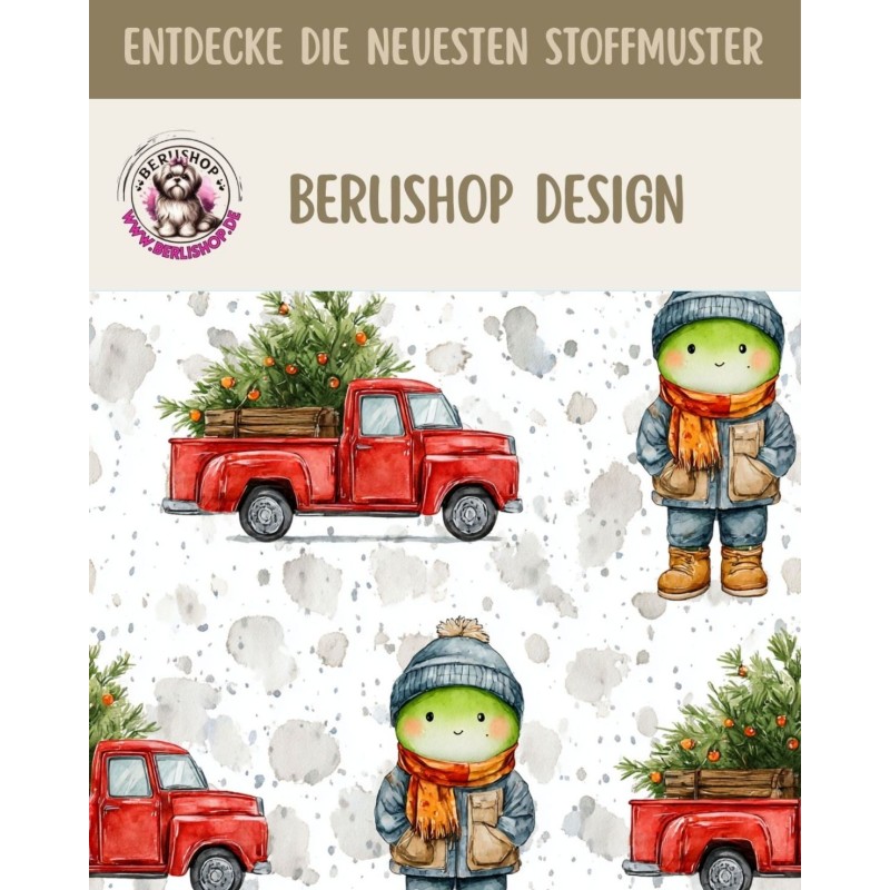 Weihnachten French Terry Sommersweat Dino Pickup Weihnachtsbaum Rot Grün – 240 g/m² – 145 cm – Eigenproduktion