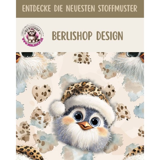 Weihnachten French Terry Sommersweat Pinguin Winter Leo Mütze Beige Hellblau – 240 g/m² – 145 cm – Eigenproduktion