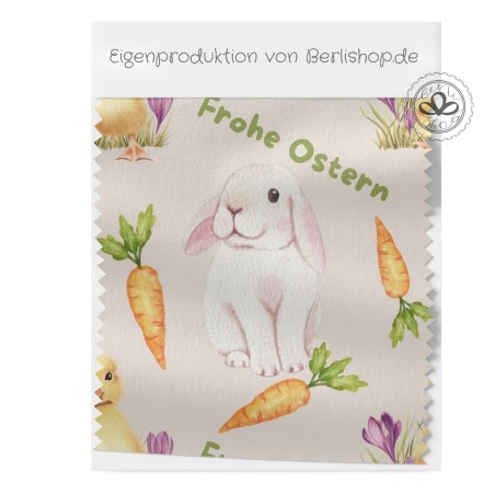 Baumwolle Canvas Frohe Ostern Hasen & Kücken Stoff 160 cm – Karotten Rosa – 153 g/m² – Eigenproduktion