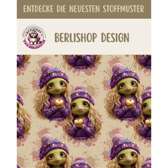 Weihnachten French Terry Sommersweat Weihnachtswichtel Mädchen Herzen Lila Rosa – 240 g/m² – 145 cm – Eigenproduktion