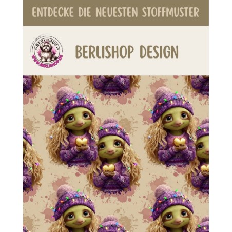 Weihnachten French Terry Sommersweat Weihnachtswichtel Mädchen Herzen Lila Rosa – 240 g/m² – 145 cm – Eigenproduktion