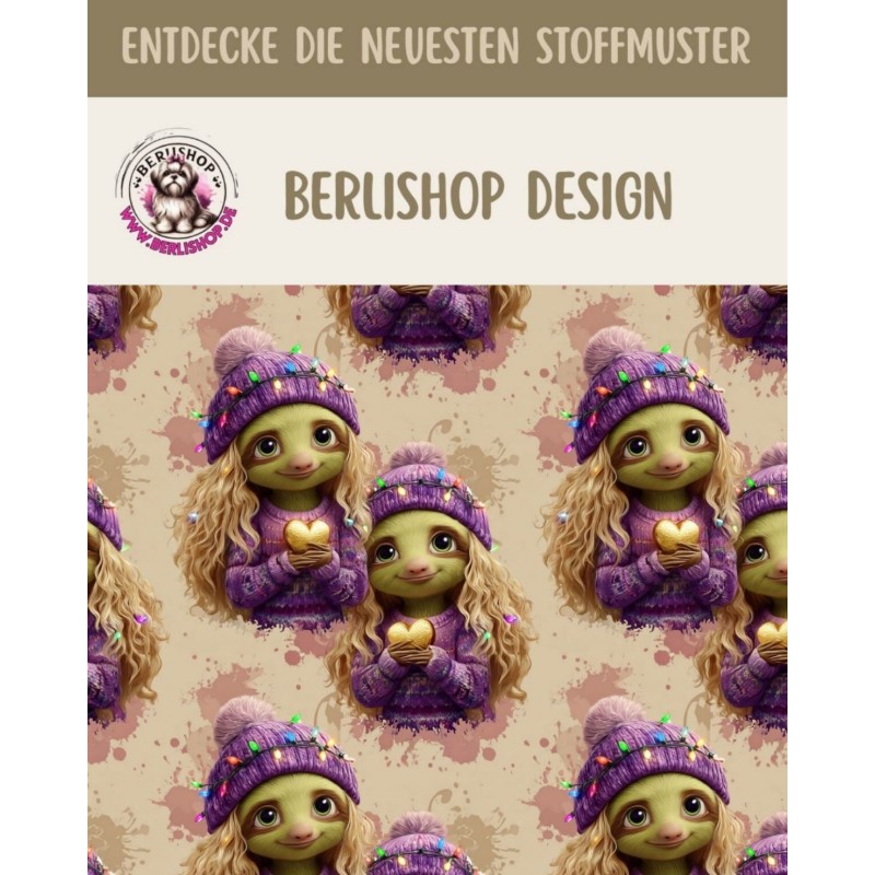 1m Coupon Weihnachten French Terry Sommersweat Weihnachtswichtel Mädchen Herzen Lila Rosa – 240 g/m² – 145 cm – Eigenproduktion