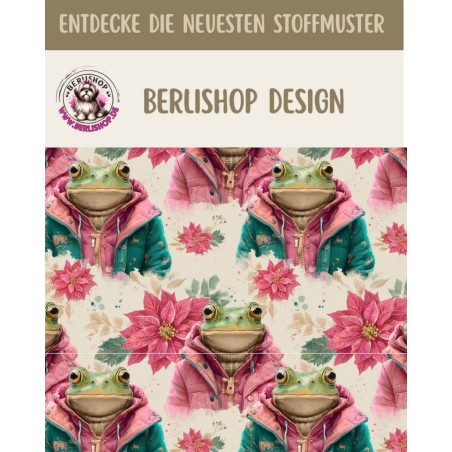 1m Coupon Weihnachten French Terry Sommersweat Frösche Weihnachtssterne Rosa Türkis – 240 g/m² – 145 cm – Eigenproduktion